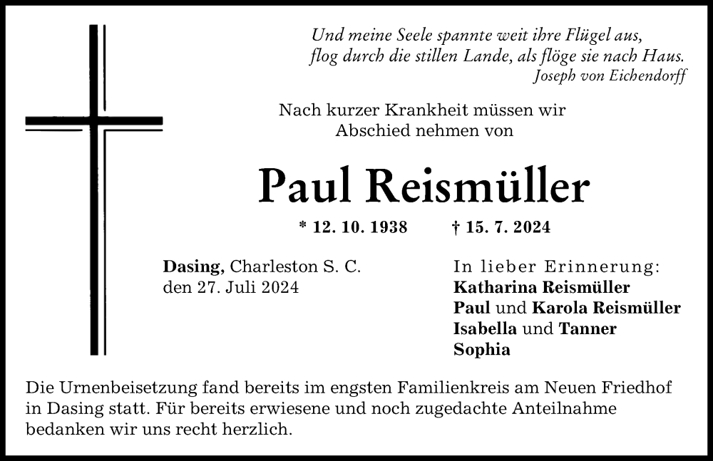 Traueranzeige von Paul Reismüller von Friedberger Allgemeine