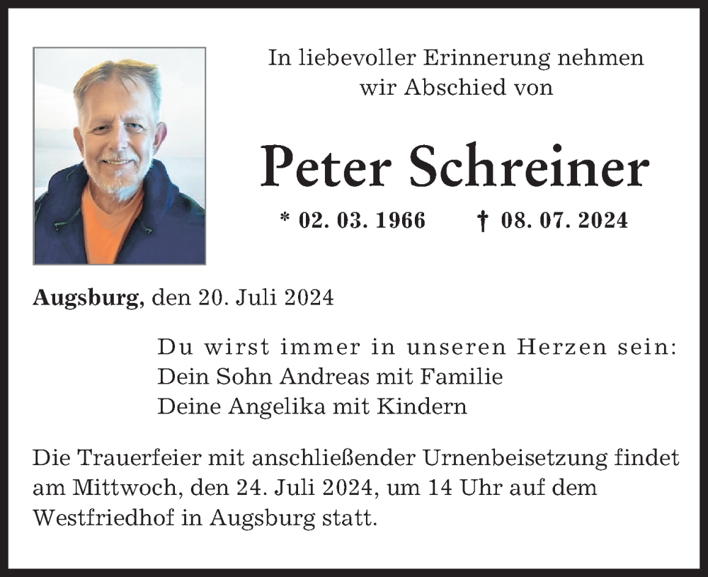  Traueranzeige für Peter Schreiner vom 20.07.2024 aus Augsburger Allgemeine