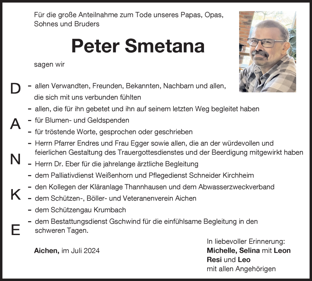 Traueranzeige von Peter Smetana von Mittelschwäbische Nachrichten