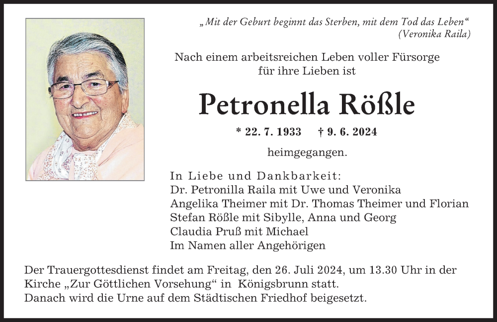 Traueranzeige von Petronella Rößle von Augsburger Allgemeine