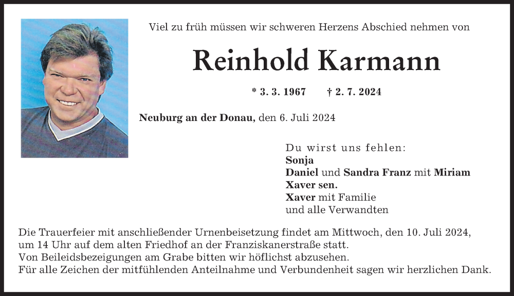 Traueranzeige von Reinhold Karmann von Donauwörther Zeitung, Neuburger Rundschau