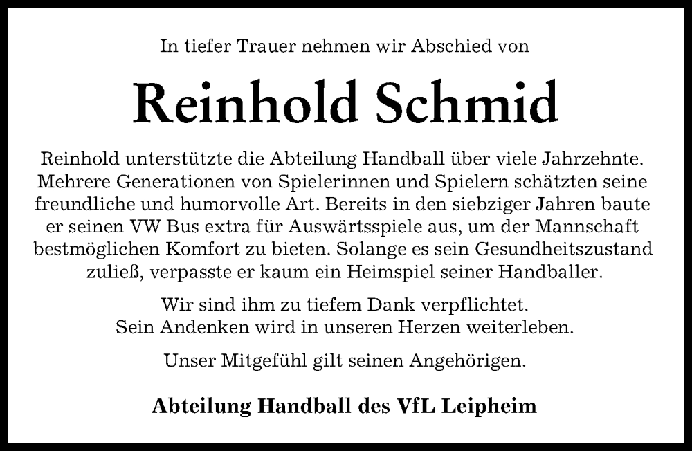 Traueranzeige von Reinhold Schmid von Günzburger Zeitung