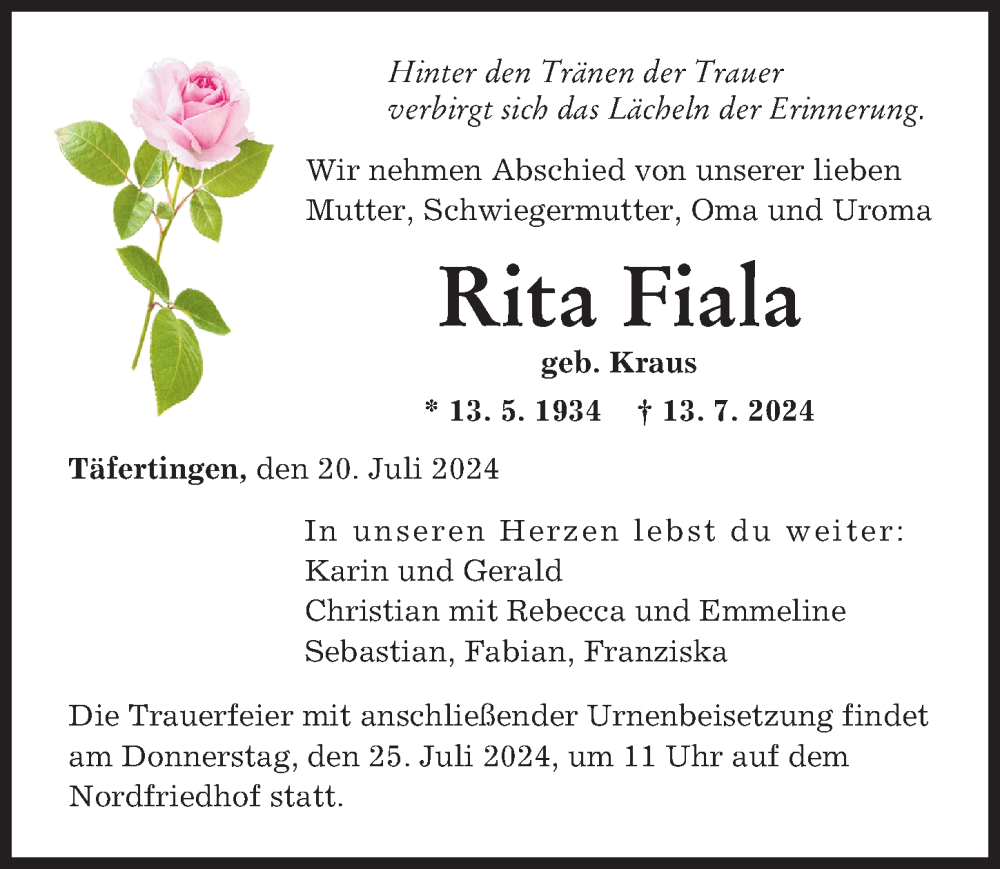 Traueranzeige von Rita Fiala von Augsburger Allgemeine