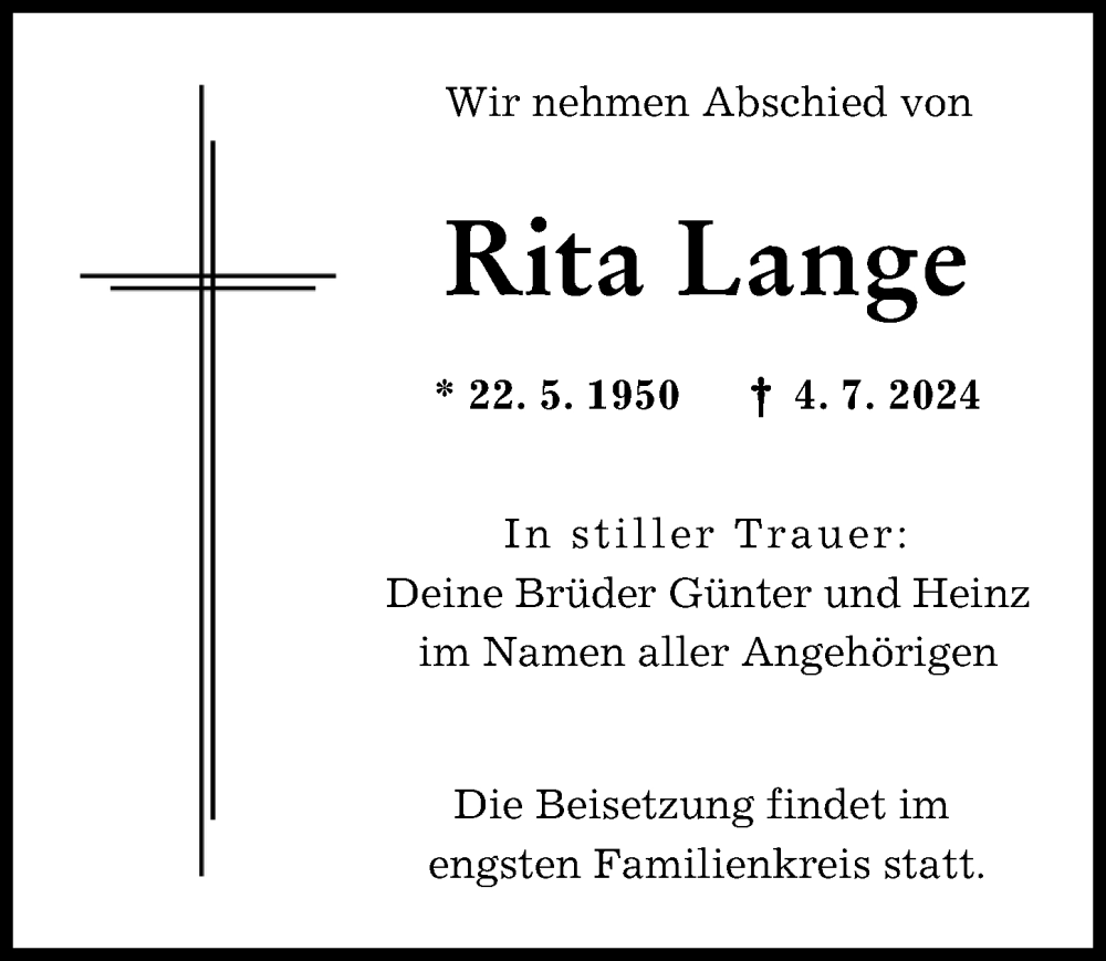 Traueranzeige von Rita Lange von Augsburger Allgemeine