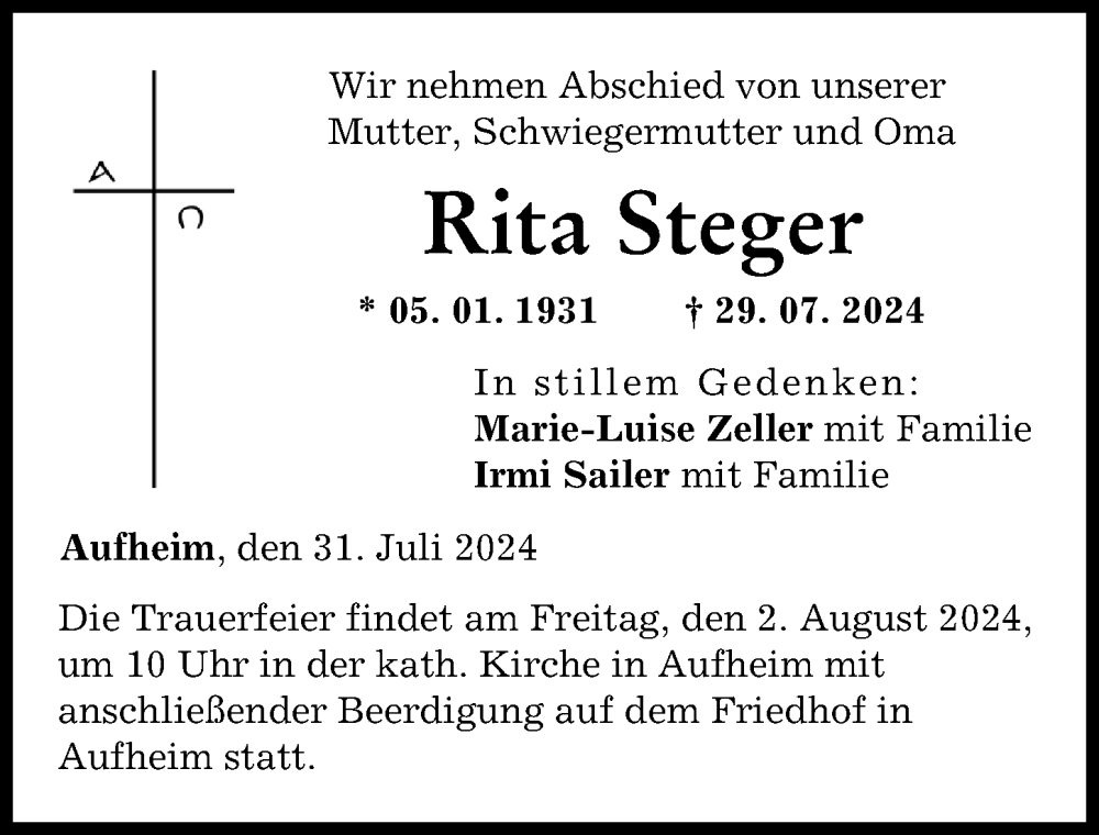 Traueranzeige von Rita Steger von Neu-Ulmer Zeitung