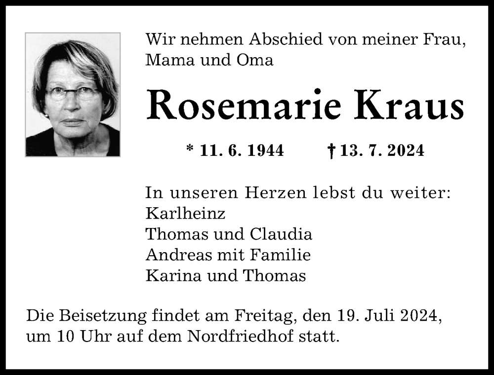Traueranzeige von Rosemarie Kraus von Augsburger Allgemeine