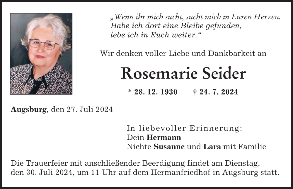 Traueranzeige von Rosemarie Seider von Augsburger Allgemeine