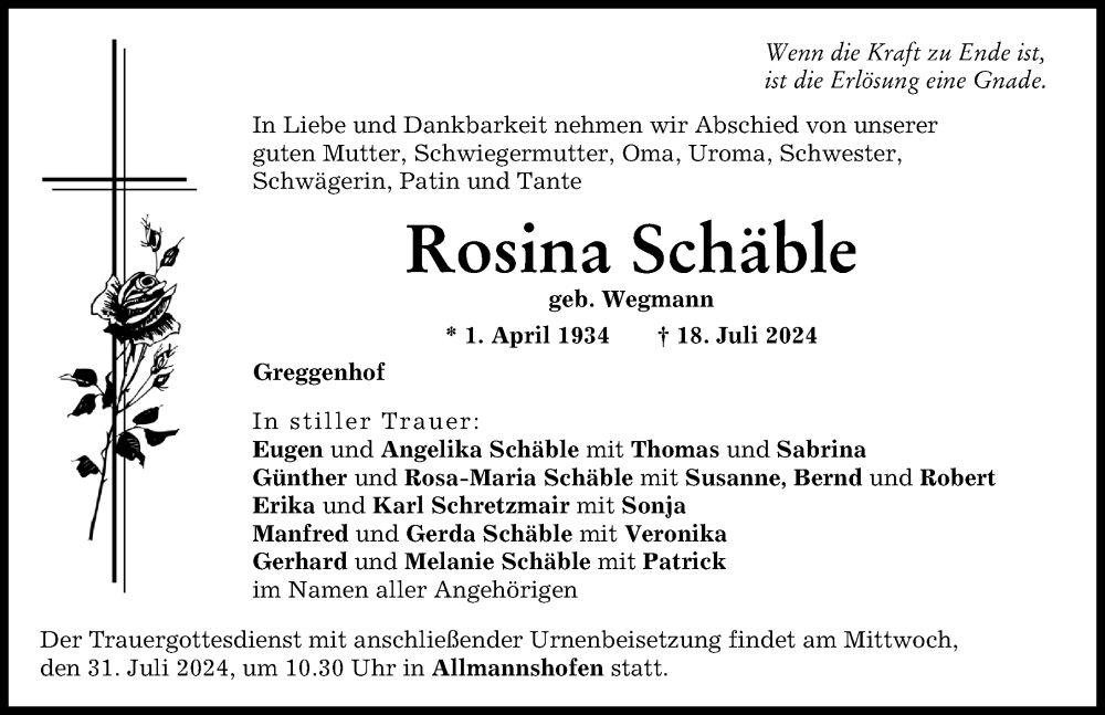 Traueranzeige von Rosina Schäble von Wertinger Zeitung, Augsburg-Land
