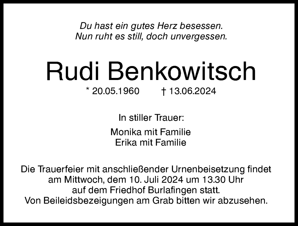 Traueranzeige von Rudi Benkowitsch von Augsburger Allgemeine, Neu-Ulmer Zeitung