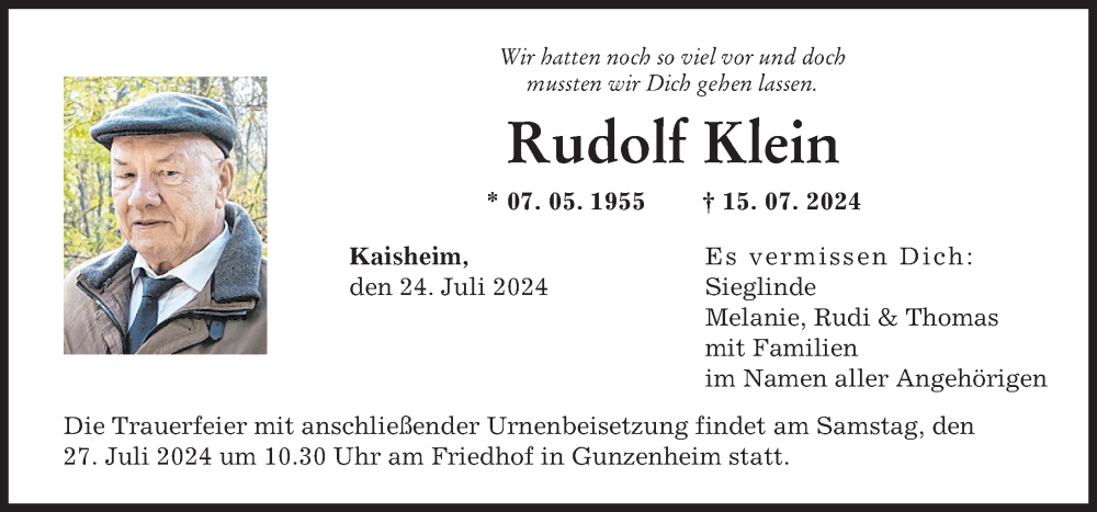 Traueranzeige von Rudolf Klein von Donauwörther Zeitung