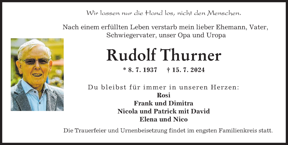 Traueranzeige von Rudolf Thurner von Augsburger Allgemeine