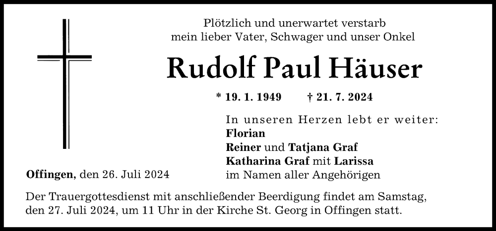 Traueranzeige von Rudolf Paul Häuser von Günzburger Zeitung