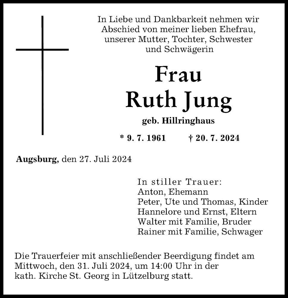 Traueranzeige von Ruth Jung von Augsburger Allgemeine