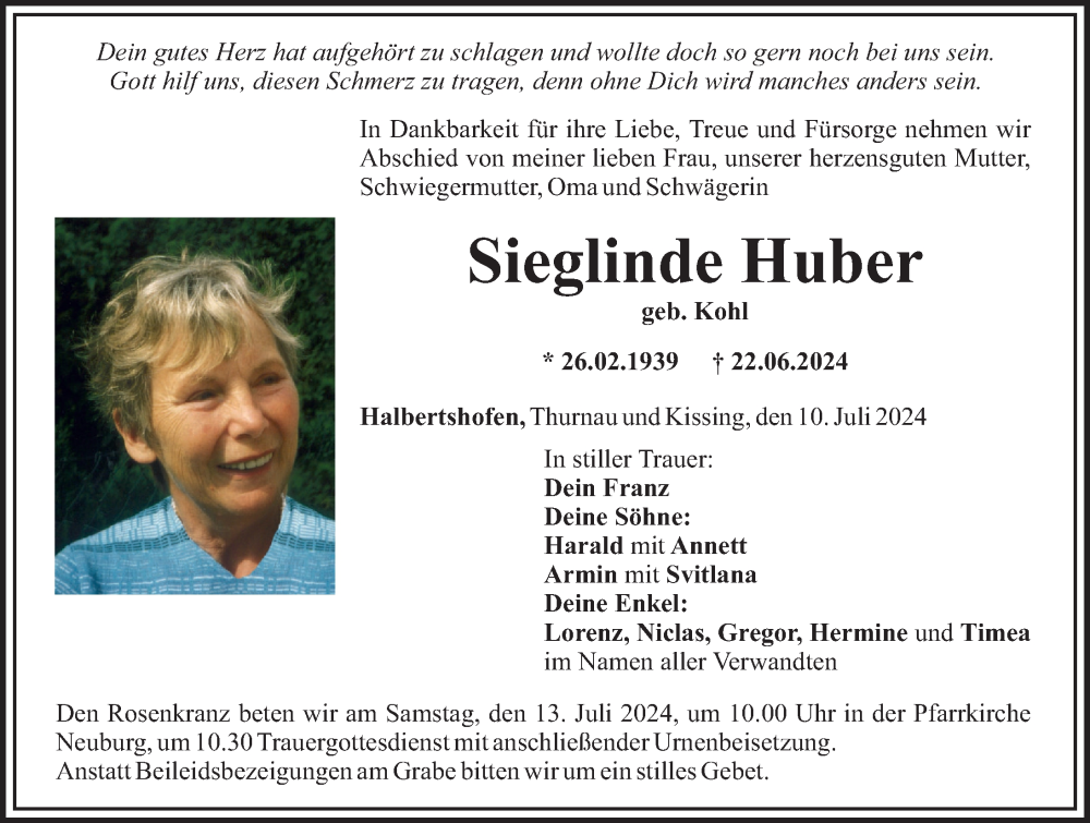 Traueranzeige von Sieglinde Huber von Mittelschwäbische Nachrichten