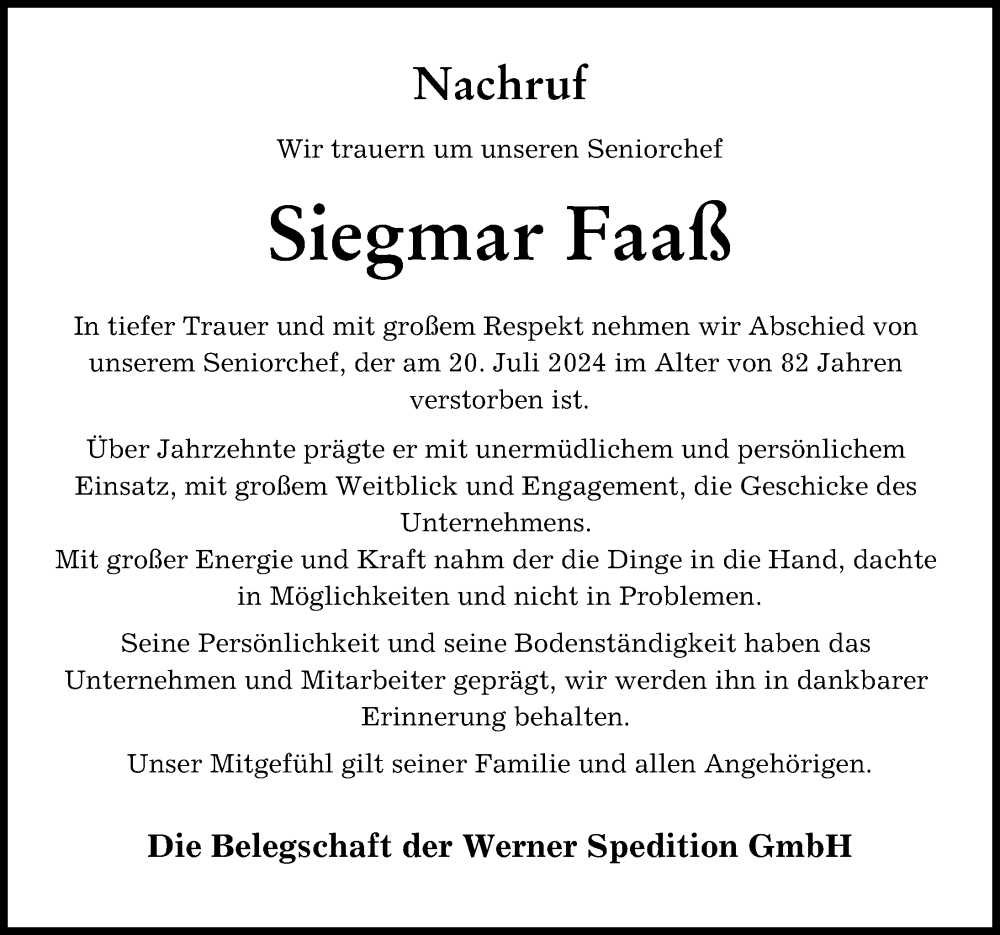 Traueranzeige von Siegmar Faaß von Augsburger Allgemeine
