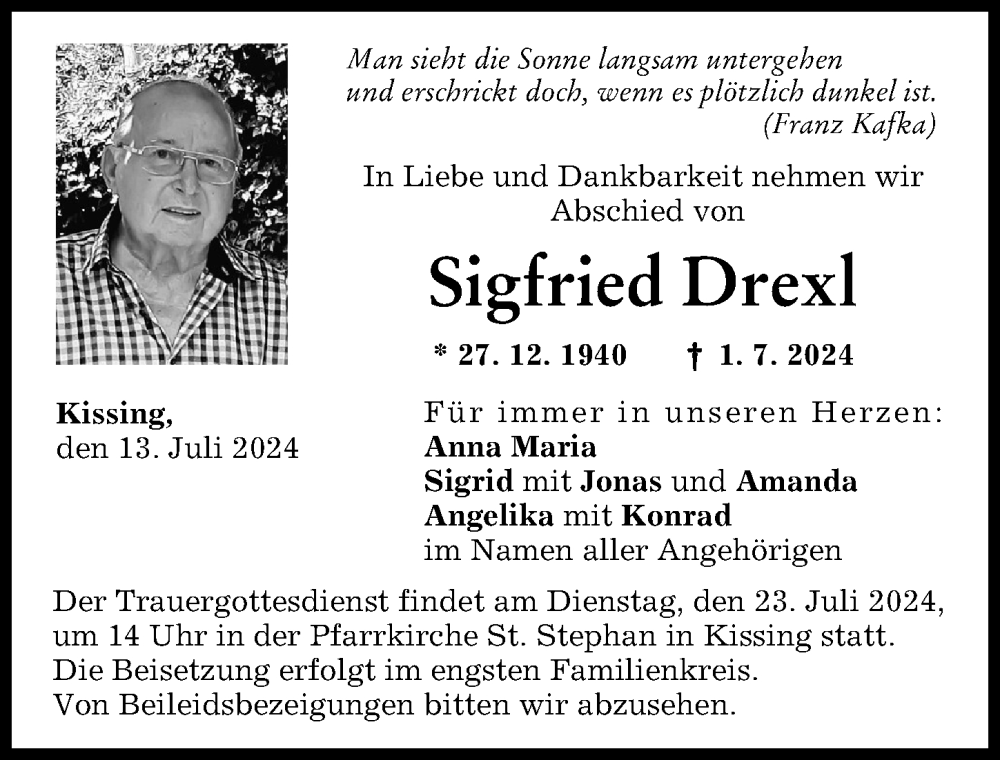 Traueranzeige von Sigfried Drexl von Friedberger Allgemeine