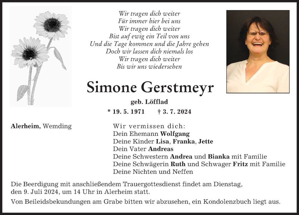  Traueranzeige für Simone Gerstmeyr vom 08.07.2024 aus Rieser Nachrichten, Donauwörther Zeitung