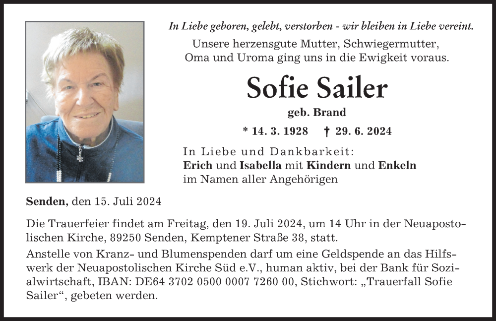 Traueranzeige von Sofie Sailer von Neu-Ulmer Zeitung