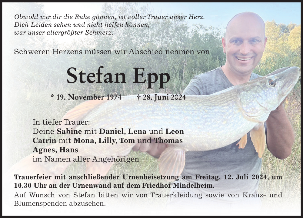  Traueranzeige für Stefan Epp vom 10.07.2024 aus Günzburger Zeitung, Mindelheimer Zeitung