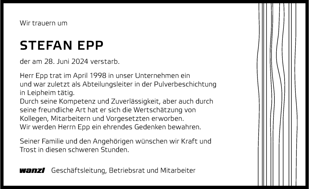  Traueranzeige für Stefan Epp vom 10.07.2024 aus Günzburger Zeitung