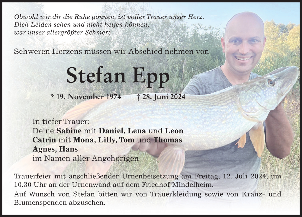  Traueranzeige für Stefan Epp vom 09.07.2024 aus Günzburger Zeitung, Mindelheimer Zeitung