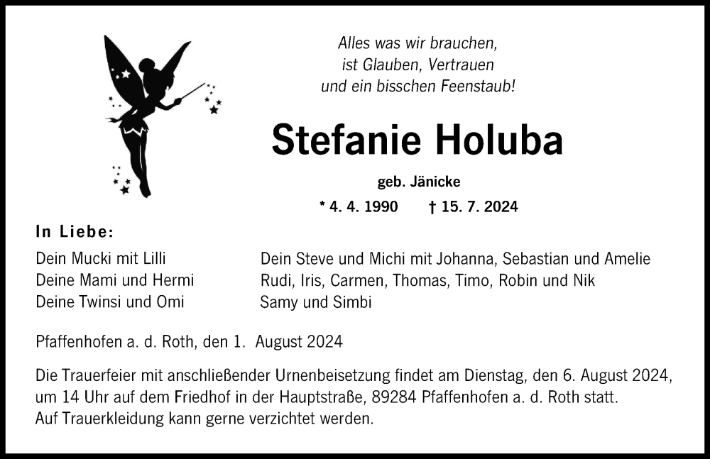  Traueranzeige für Stefanie Holuba vom 01.08.2024 aus Neu-Ulmer Zeitung