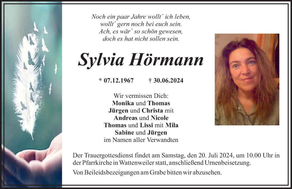 Traueranzeige von Sylvia Hörmann von Mittelschwäbische Nachrichten