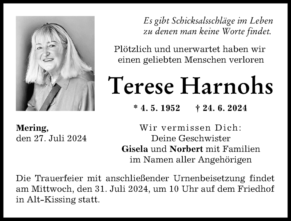 Traueranzeige von Terese Harnohs von Friedberger Allgemeine