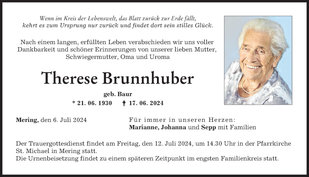 Traueranzeige von Therese Brunnhuber von Friedberger Allgemeine