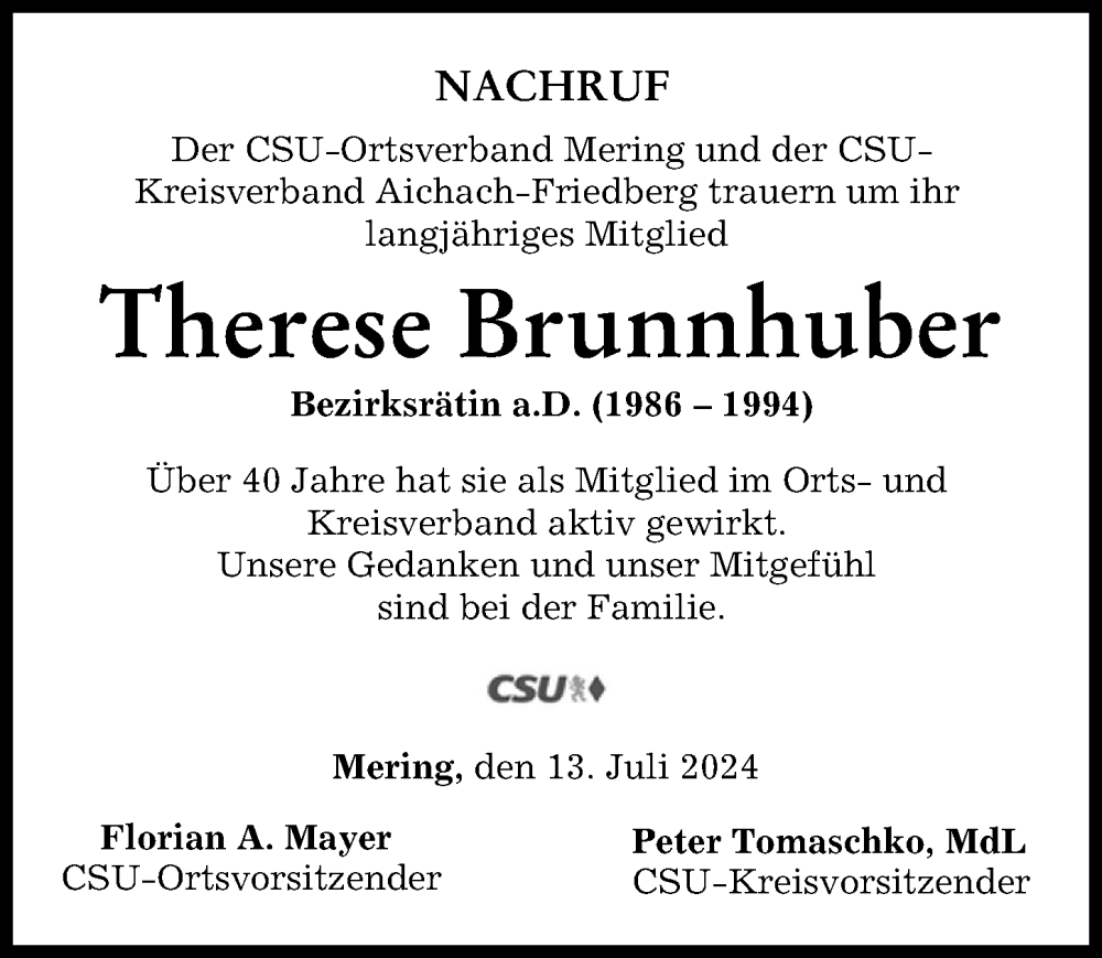 Traueranzeige von Therese Brunnhuber von Friedberger Allgemeine