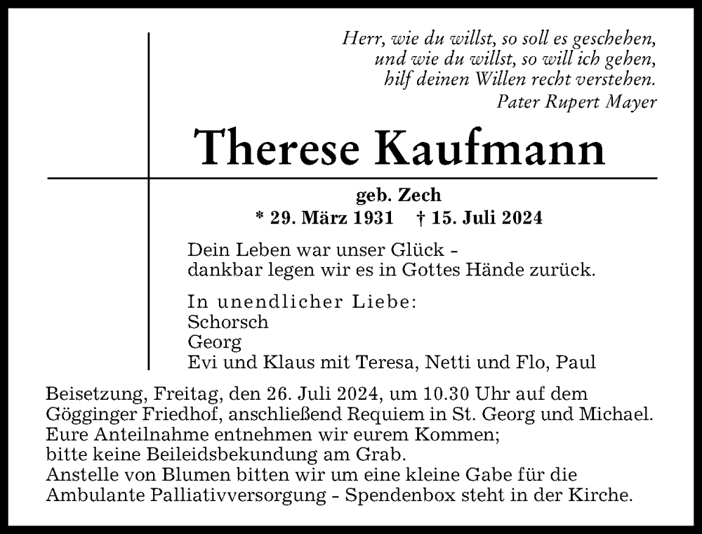 Traueranzeige von Therese Kaufmann von Augsburger Allgemeine