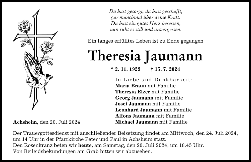 Traueranzeige von Theresia Jaumann von Augsburg-Land