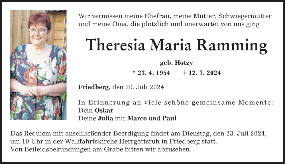 Traueranzeige von Theresia Maria Ramming von Friedberger Allgemeine