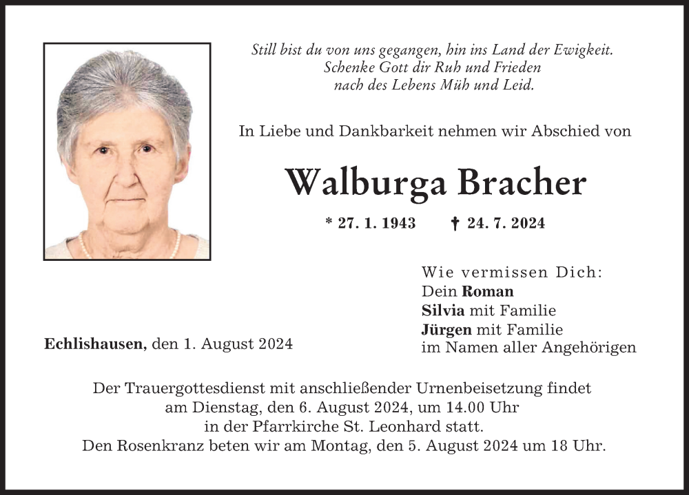 Traueranzeige von Walburga Bracher von Günzburger Zeitung