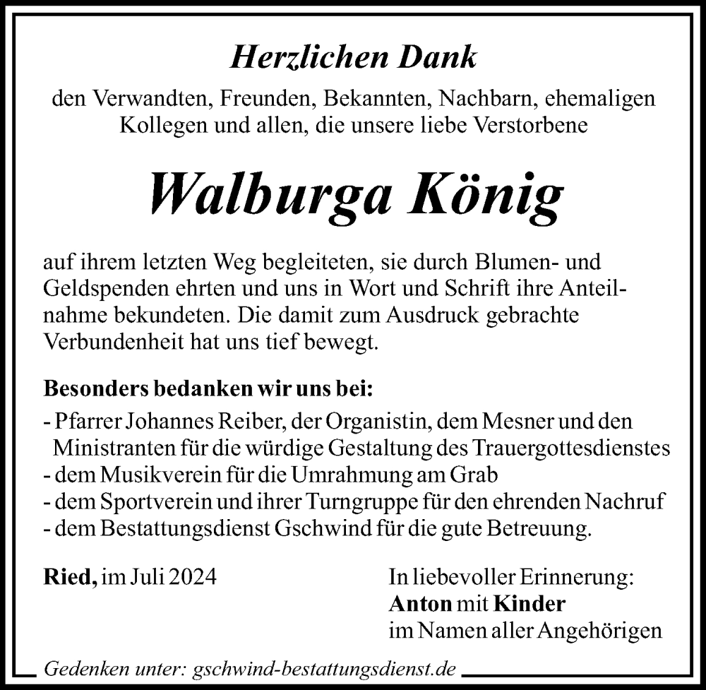 Traueranzeige von Walburga König von Mittelschwäbische Nachrichten, Günzburger Zeitung