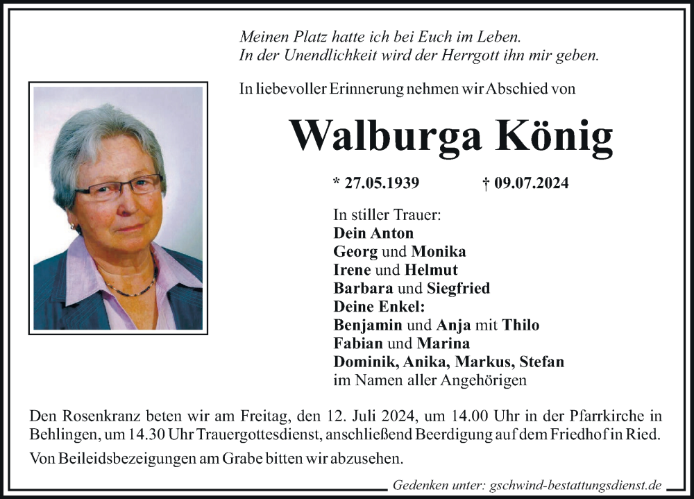 Traueranzeige von Walburga König von Mittelschwäbische Nachrichten, Günzburger Zeitung