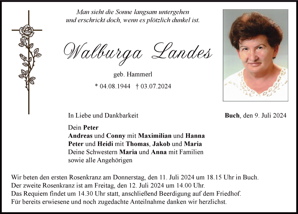 Traueranzeige von Walburga Landes von Neuburger Rundschau