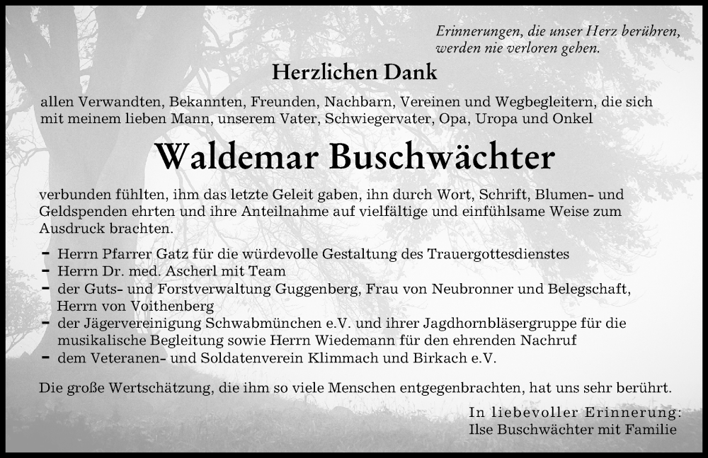 Traueranzeige von Waldemar Buschwächter von Schwabmünchner Allgemeine