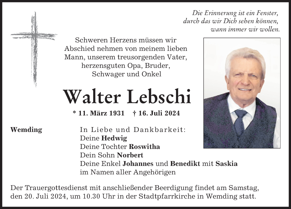 Traueranzeige von Walter Lebschi von Donauwörther Zeitung