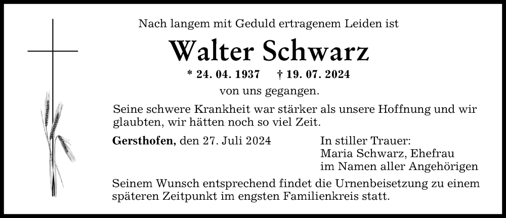 Traueranzeige von Walter Schwarz von Augsburger Allgemeine