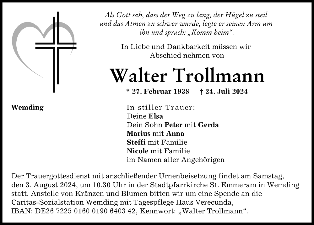 Traueranzeige von Walter Trollmann von Donauwörther Zeitung