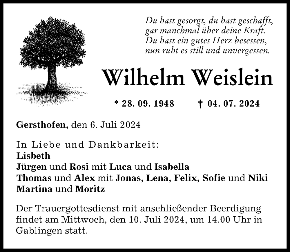 Traueranzeige von Wilhelm Weislein von Augsburg-Land