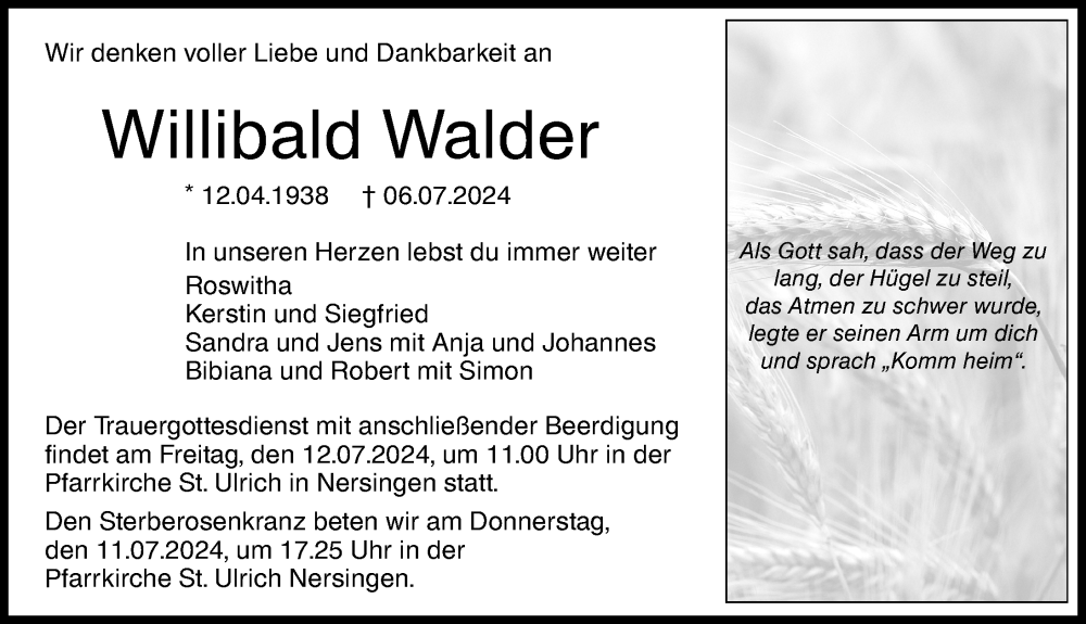 Traueranzeige von Willibald Walder von Augsburger Allgemeine, Neu-Ulmer Zeitung