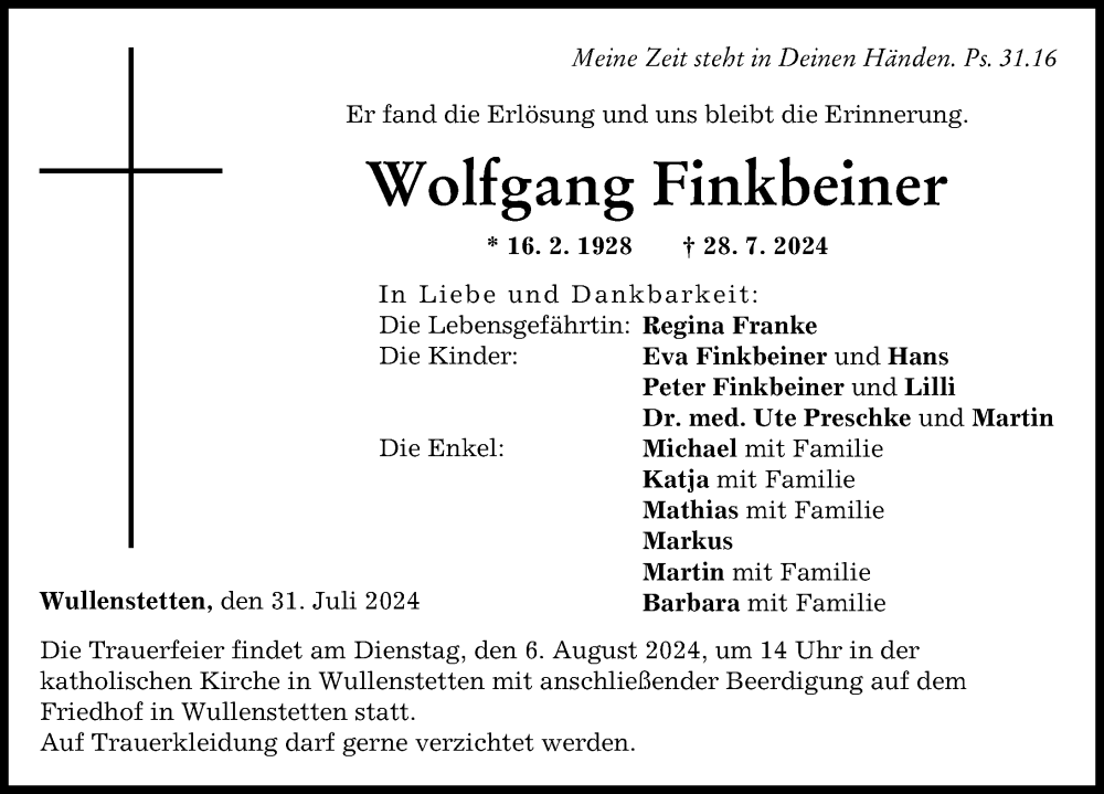  Traueranzeige für Wolfgang Finkbeiner vom 31.07.2024 aus Neu-Ulmer Zeitung