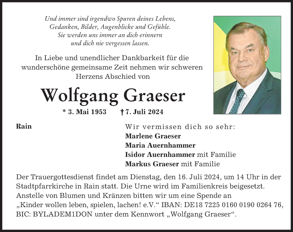  Traueranzeige für Wolfgang Graeser vom 11.07.2024 aus Donauwörther Zeitung