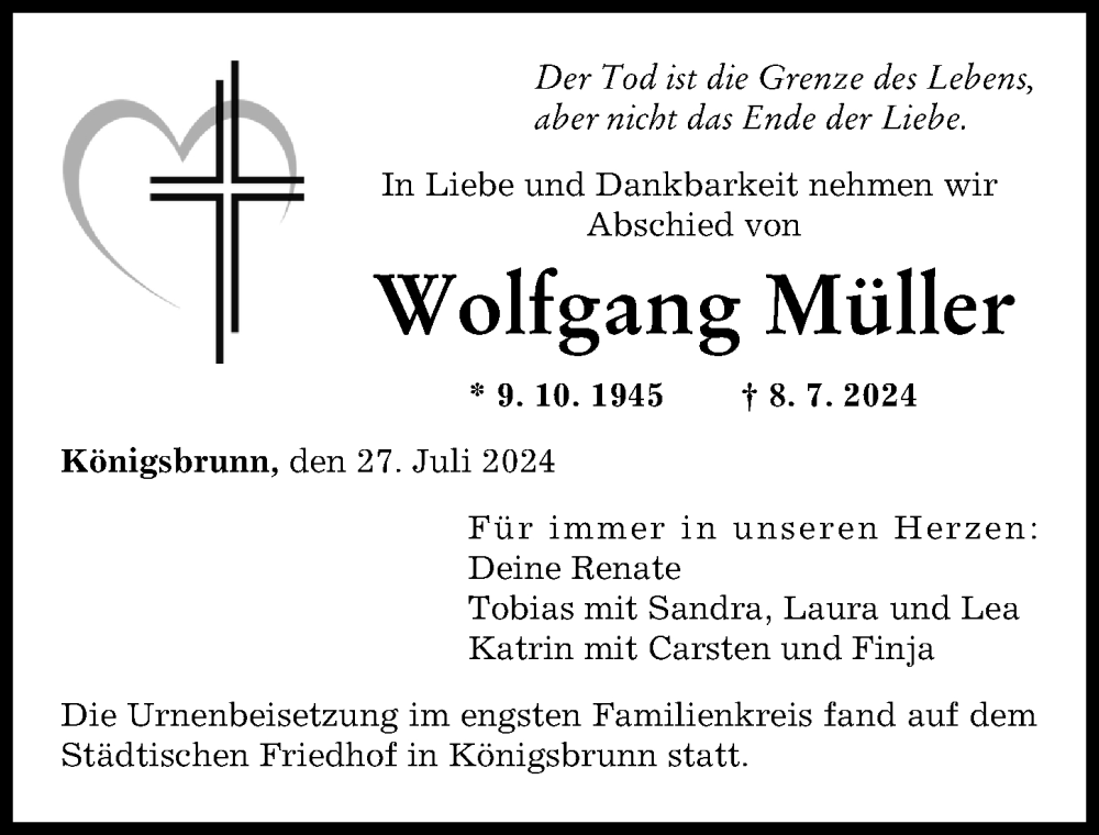 Traueranzeige von Wolfgang Müller von Augsburger Allgemeine