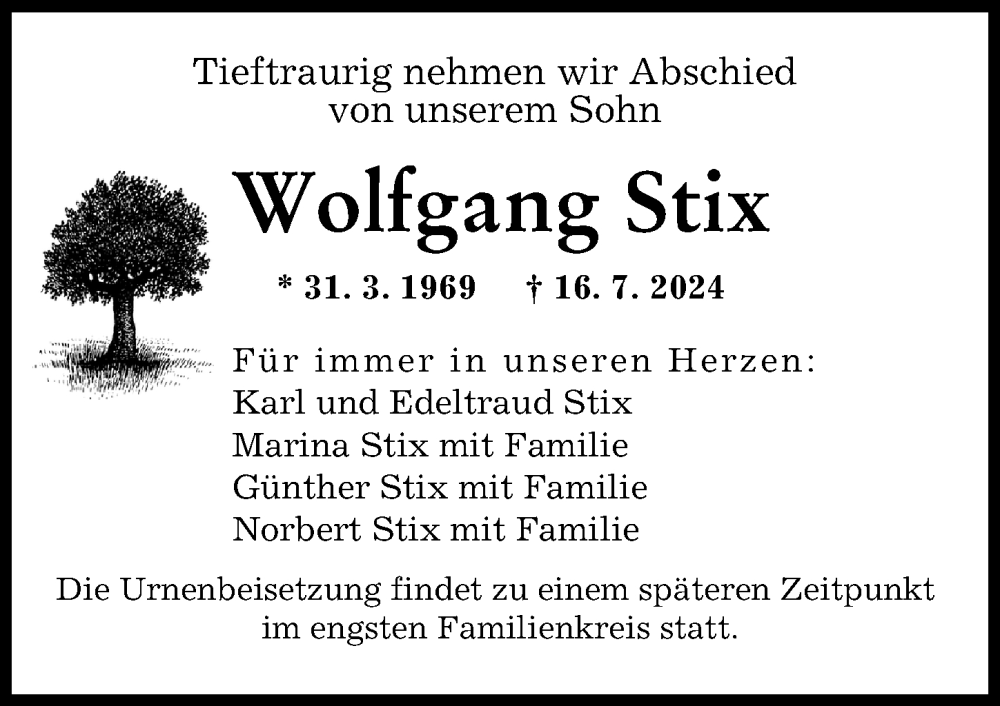 Traueranzeige von Wolfgang Stix von Augsburger Allgemeine