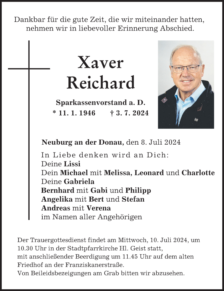 Traueranzeige von Xaver Reichard von Neuburger Rundschau