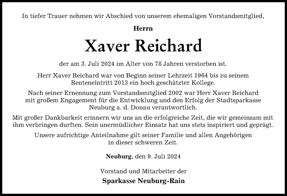 Traueranzeige von Xaver Reichard von Donauwörther Zeitung, Neuburger Rundschau