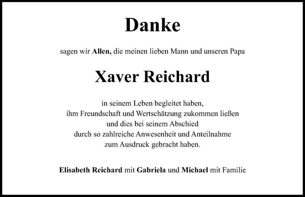 Traueranzeige von Xaver Reichard von Neuburger Rundschau